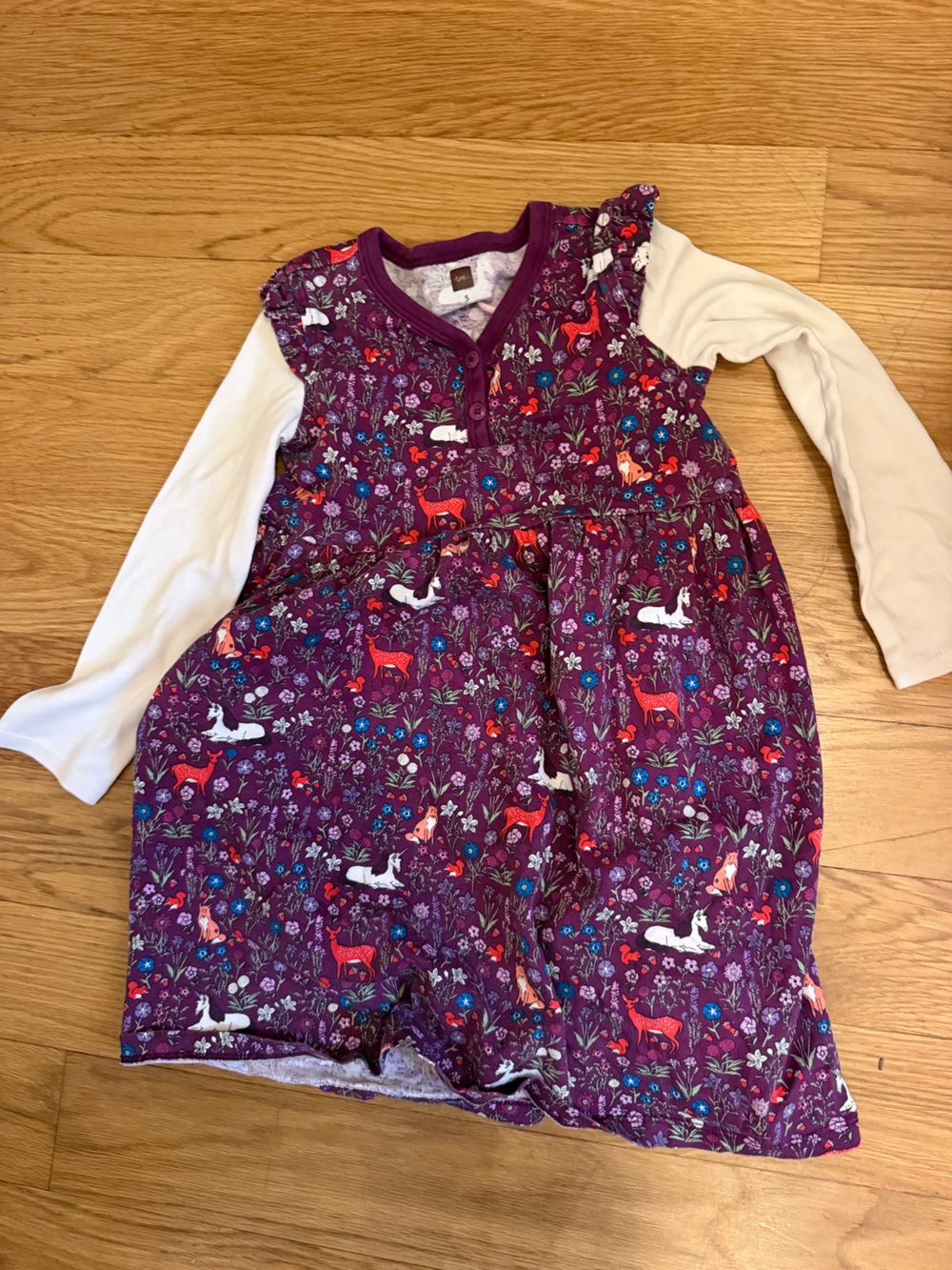 Tea collection Girls' Purple Woodland Print Long-Sleeve Dress Sz 5 unicorn *read